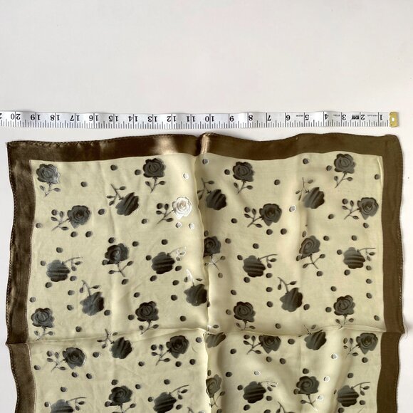 Vintage Floral Silk Scarf 20” Square Brown Beige Sheer Satin Border Retro Access - Picture 3 of 4